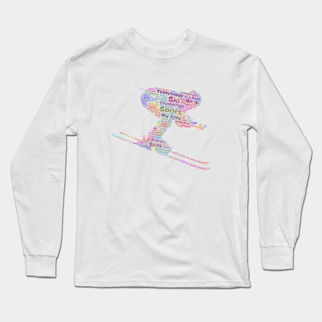 Skier Ski Silhouette Shape Text Word Cloud Long Sleeve T-Shirt by Cubebox